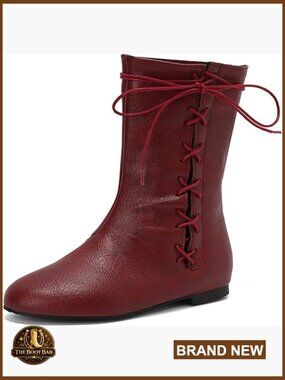 Vintage Lace Up Ankle Boots Flat Round Toe Pirate Medieval Costume Women Shoes